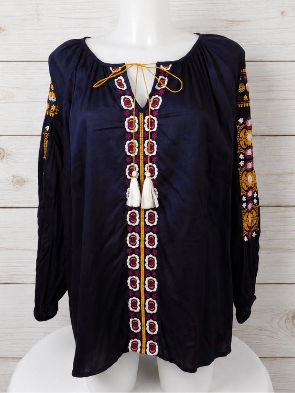 World Market Embroidered Boho Peasant Tunic Top Eggplant Purple Tassel Tie  L/XL